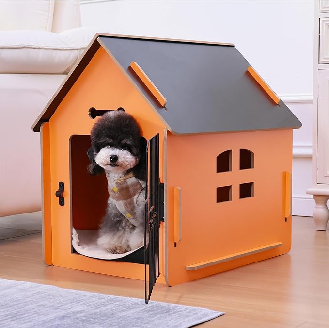 Dog House Indoor for Small Dogs or Cats, Cozy Wooden Design, Small Indoor Bed House, with Air Vents and Elevated Floor Warm Dog Cave (Orange)-PawvioPets