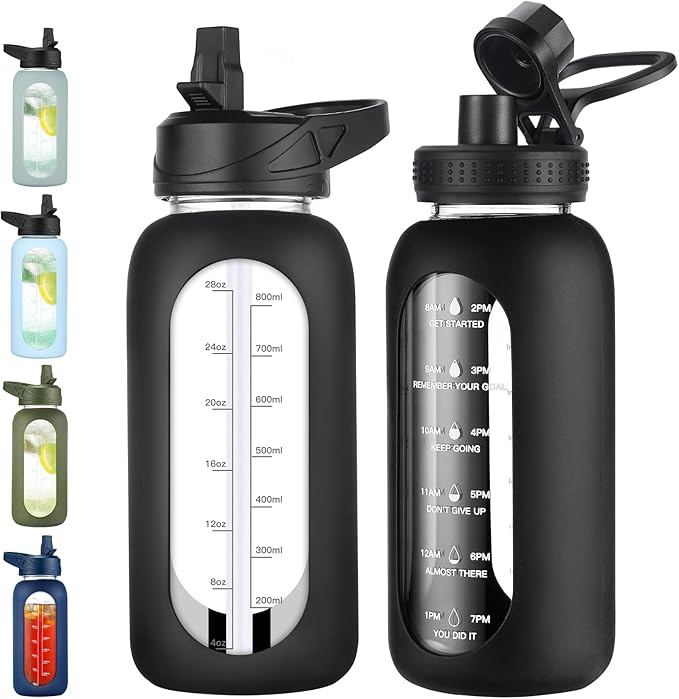 32 oz Glass Water Bottle with Straw and Handle, Sports Motivational Water Flask with Silicone Sleeve, Large Leakproof Water Flask Cup with Time Marker for Travel, Gym, Black-PawvioPets