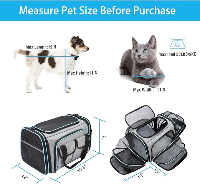 Airline Approved Pet Carrier, Large Soft Sided Pet Travel TSA Carrier 4 Sides Expandable Cat Collapsible Carriers with Removable Fleece Pad and Pockets for Cats Dogs and Small Animals-PawvioPets