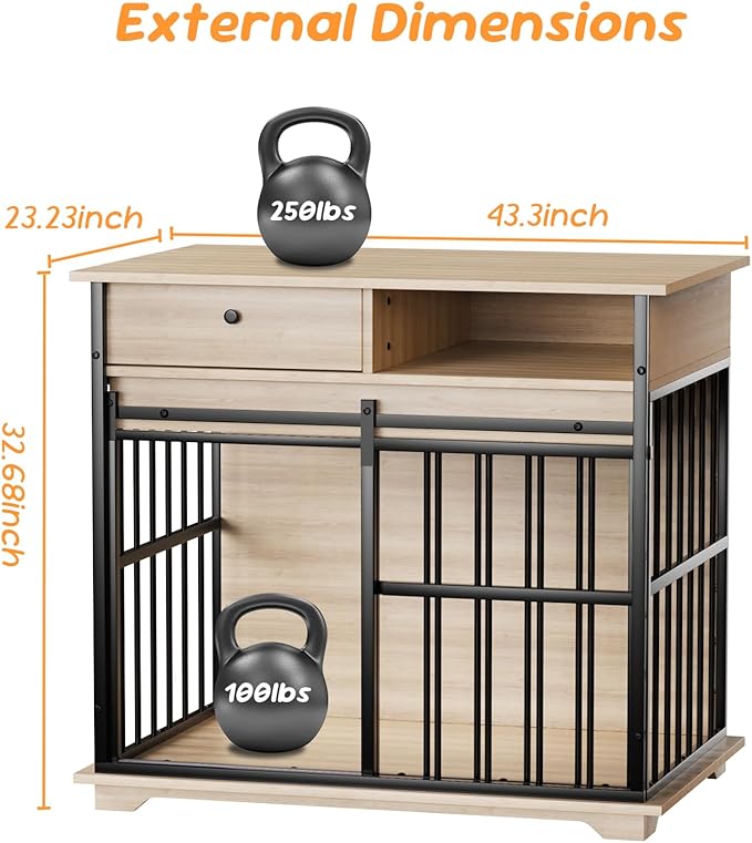 35.5" Dog Crate Furniture, Wooden Dog Crate Furniture for Medium Small Dogs, Wooden Dog Kennel End Table with Drawer and Open Shelves, Sliding Door Dog Kennel Furniture-PawvioPets
