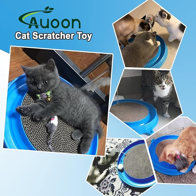 AUOON Cat Scratcher Toy - Cat Scratch Pad with Cat Toy Ball Track and Plush Mouse Toy for Indoor Cats and Kittens (Blue)-PawvioPets
