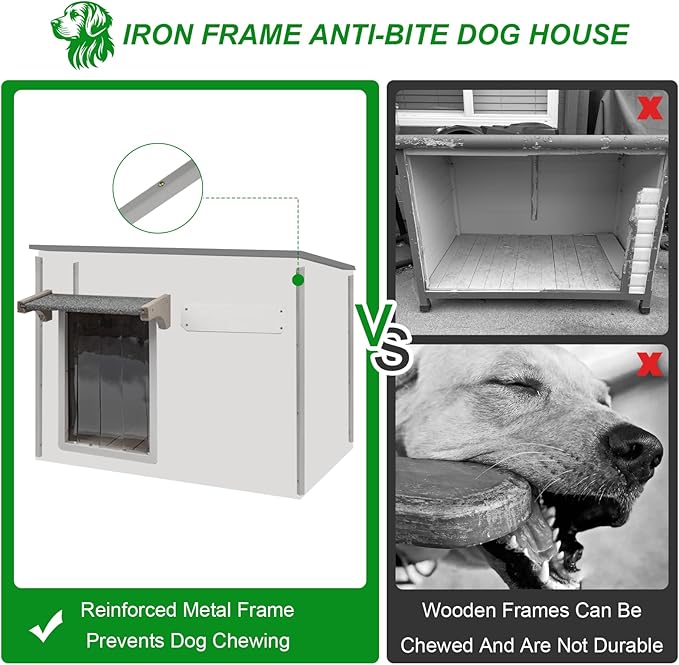 Dog House Outdoor Weatherproof & Wooden Dog Kennel with Chew-Proof Iron Frame，Removable Floor, Adjustable Vent Window, Easy Assembly for Large and Medium Dogs 43.3" D x 29.5" W x 33.5" H-PawvioPets