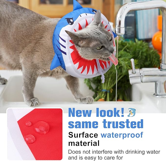 BEAUTYZOO Cat Cone Collars Soft, Cat Recovery E Collars After Surgery to Stop Licking, Adjustable Elizabeth Circle Collar Cute Pet Donut Pillow for Cats Kitten Small Dogs,Cute Shark M-PawvioPets