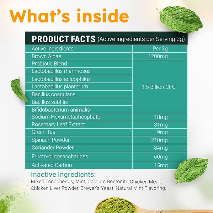 Dog Teeth Cleaning Powder - Dog Breath Freshener + Dental Care for Doggies & Cats + Tartar Remover for Teeth with Natural Ingredients + Probiotics Blend (Mint - 100g)-PawvioPets