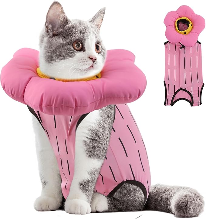 EMUST Cute Cat Recovery Suit & Cone Collar Set - Soft, Adjustable Flower Collar for Female Kittens Under 4lb (Pink, S)-PawvioPets