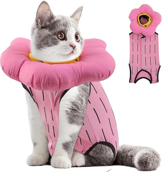 EMUST Cute Cat Recovery Suit & Cone Collar Set - Soft, Adjustable Flower Collar for Female Kittens Under 4lb (Pink, S)-PawvioPets