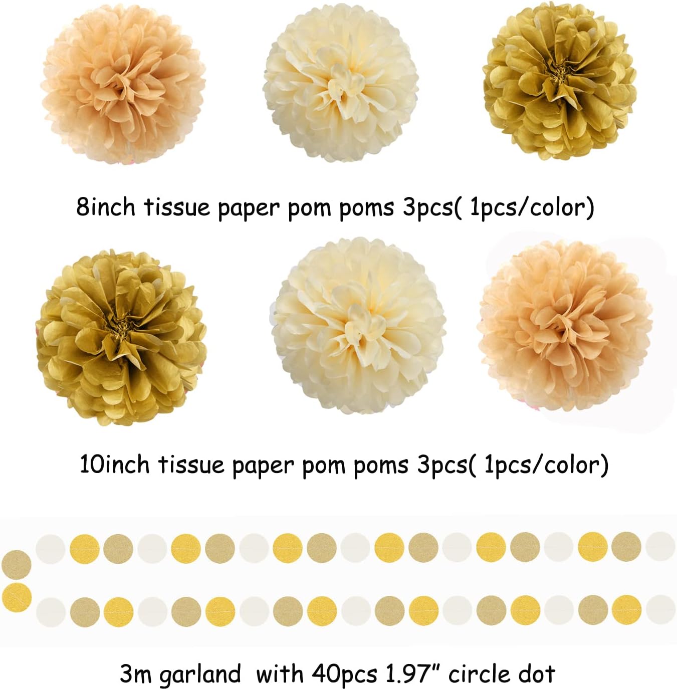 White Gold Champagne Party Decorations - 23pcs Tissue Pom Poms Streamers,Christmas Wedding Engagement Tassel Garland Banner,Bachelorette Neutral Birthday Baby Bridal Shower Decor Lasting Surprise