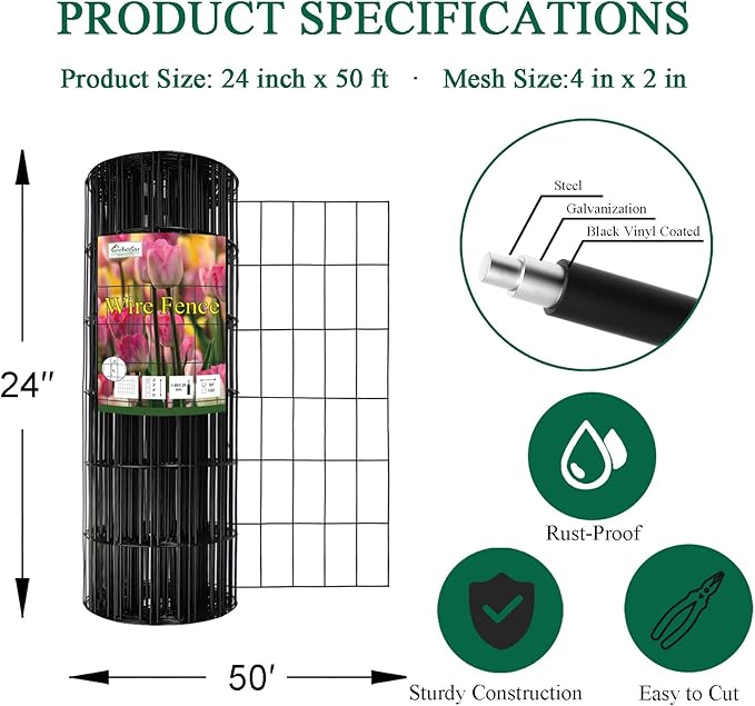 Black PVC Coated Welded Wire Fence 24 Inch x 50 Foot, 2 Inch x 4 Inch 14GA, Garden Border Fencing Roll Vinyl Coated Wire Mesh for Yard Vegetable Plant Protection Poultry Netting-PawvioPets