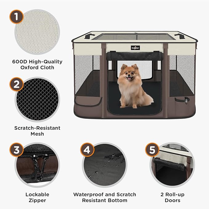 Foldable Pet Kitten Playpen, Upgrade Waterproof Portable Cat Dog Playpen Kennel Tent for Small Dog Cat, Removable Shade Cover, Indoor Outdoor Use for Small Pet, Brown-PawvioPets