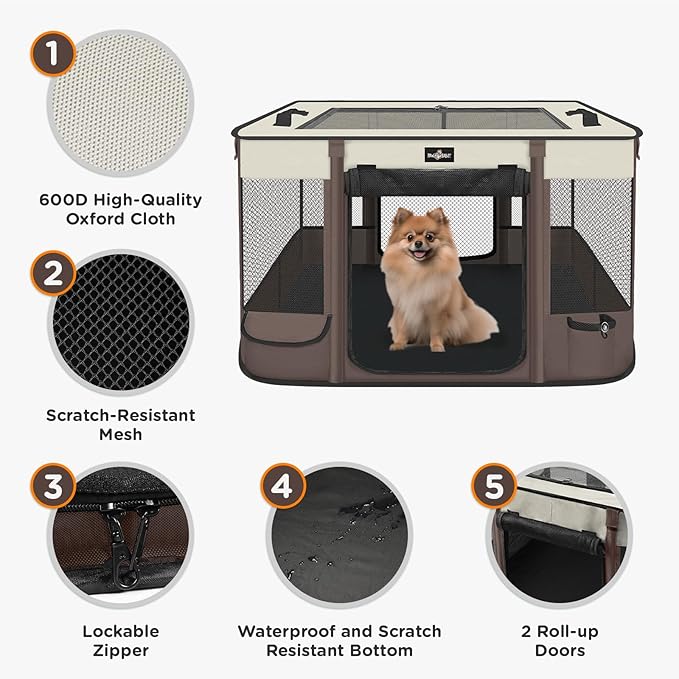 Foldable Pet Kitten Playpen, Upgrade Waterproof Portable Cat Dog Playpen Kennel Tent for Small Dog Cat, Removable Shade Cover, Come with Free Carrying Case, Indoor Outdoor Use for Small Pet, Brown-PawvioPets