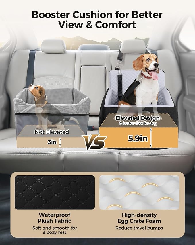 Dog Car Seat for Small & Medium Dogs Under 35lbs, Detachable & Washable Pet Car Seat, Interior Height 6 Inches Pet Travel Bed with Storage Pockets and 2 Dog Safety Belts (Black/Gray)-PawvioPets