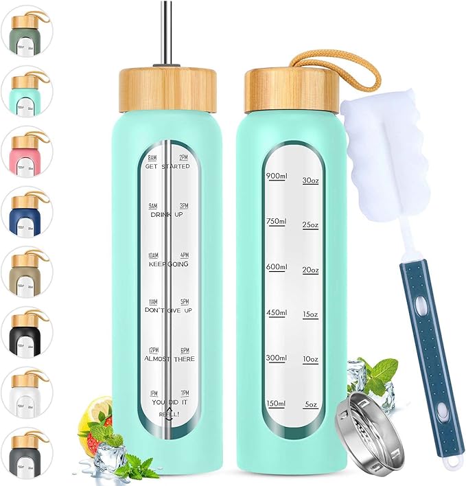 32 oz Glass Water Bottle with Straw - Motivational Time Marker & Silicone Sleeve - Reusable Tumbler Includes 2 Bamboo Lids & Fruit Infuser - 1 Pack-PawvioPets