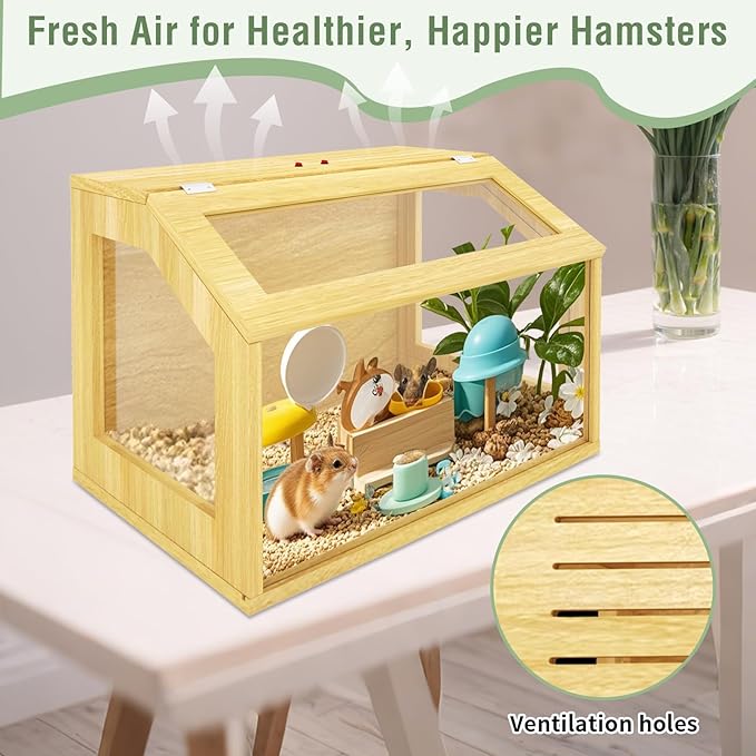 24" Wooden Hamster Cage, Chewproof Gerbil Cages and Habitats, Openable Top Roof Window with Silencing Pad, Guinea Pig Cage for Small Animals, Dwarf and Syrian Hamster, 24 x 16 x 16 Inches-PawvioPets