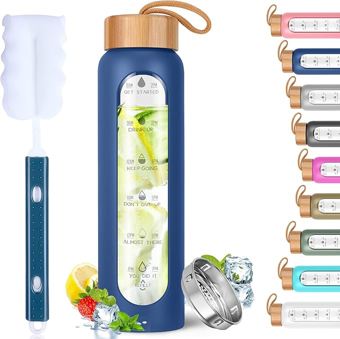 Aqulea Glass Water Bottles 25 Oz with Silicone Sleeve - BPA Free Reusable Wide Mouth Glass Motivational Water Bottles with Fruit Infuser – Leak Proof Borosilicate Water Bottle with Time Marker (Blue)-PawvioPets