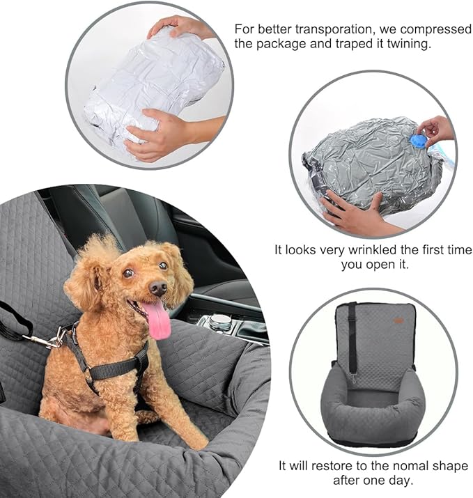 Dog Car Seat for Small Medium Dogs Up to 40lbs, Detachable Washable Soft Pet Booster Travel Bed for Front & Gray Seat with Safety Leash Belt-PawvioPets