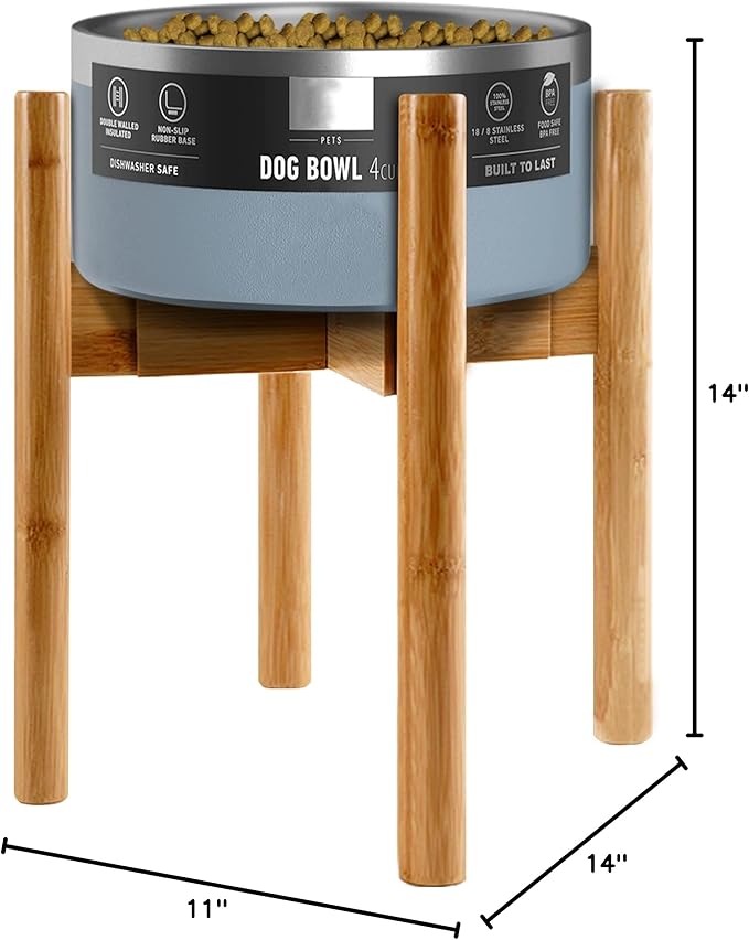 Dog Bowl Stand for Large Breed - 14-inch High, Adjustable Sideways to Fit Various Sizes of Pet Food/Water Bowls, Slow Feeders, and Drink Fountains - Bamboo-PawvioPets