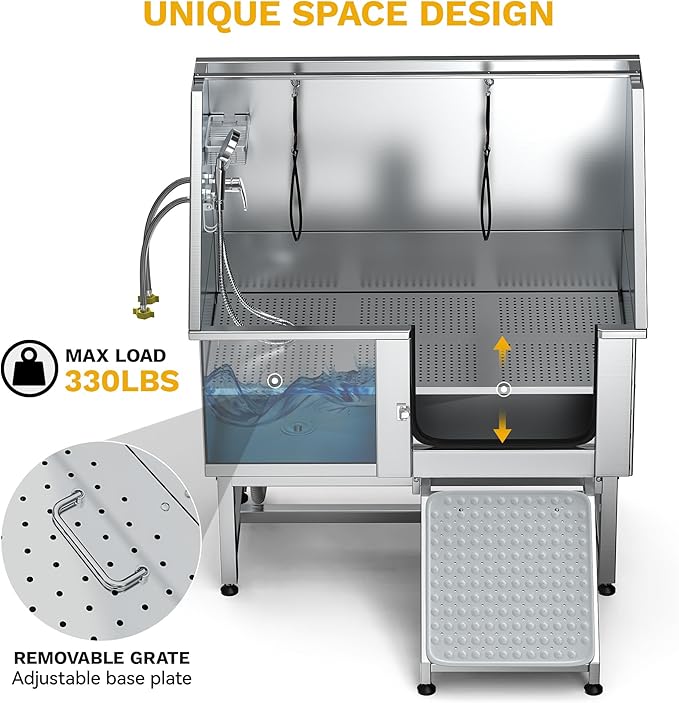 DWVO Professional Pet Dog Bathing Station for Grooming, 50'' Dog Grooming Bathtub with Right Ramp, Floor Grate, Faucet, Showerhead & Soap Holder for Large, Medium & Small Pets-PawvioPets