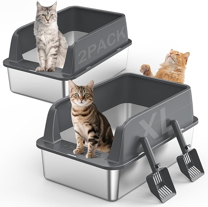 2PACK Stainless Steel Litter Box, Extra Large Litter Boxes for Big Cats, XL Metal Cat Litter Box with Lid High Sides, Anti-Urine Leakage, Non-Sticky, Scoop Included-PawvioPets