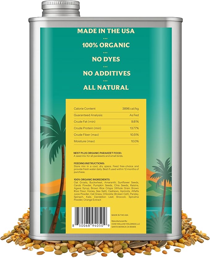 100% Organic Parakeet Food – Premium Bird Seed Mix with Oat Groats, Buckwheat, Amaranth, Super Veggies & Seeds – Reusable Tin + Stainless-Steel Scooper – Made in USA, Human Grade Ingredients (2lb)-PawvioPets
