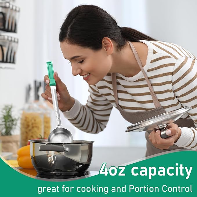 16 Pcs Portion Control Serving Spoons, Restaurant Measuring Serving Ladle Utensils, Portion Control Slotted Scoops for Weight Loss, Solid and Perforated Scoops(Green,4 oz)-PawvioPets
