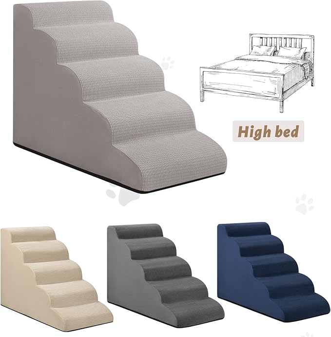 5-Step Dog Stairs and Ramp for High Bed, Non-Slip Sturdy Pet Steps for Small Dogs and Cats,22.2" H,Light Grey-PawvioPets
