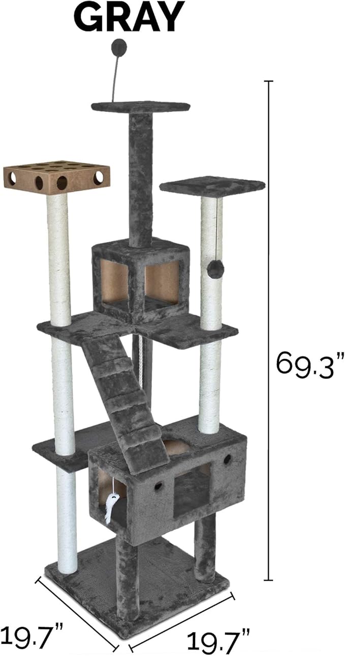 Furhaven 69.3" Tall Cat Tree for Indoor Cats, Ft. Sisal Scratching Posts, 2x Cat Condos, & Toys - Tiger Tough Double Decker Interactive Playground Tower - Silver Gray, One Size-PawvioPets