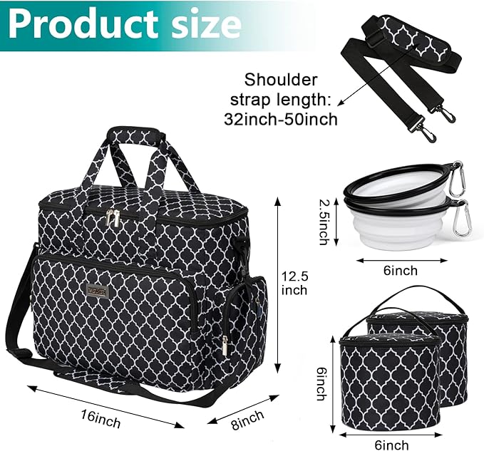 BAGLHER Dog Travel Bag, Pet Travel Bag (ALL Pet Travel Supplies), With 2 Pet Food Containers and 2 Collapsible Silicone Bowls; Essential Kits for Pet Travel DLblack-PawvioPets