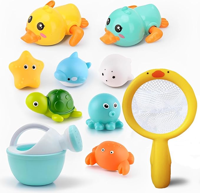 Bath Toys for Babies 6-12+ Months, Wind-up Ducks Bath Toys for Kids Ages 1-3, No Hole Baby Bath Toy Ocean Animal Floating Pool Toys for Toddlers, Water Toys Fishing Net Watering Can-PawvioPets