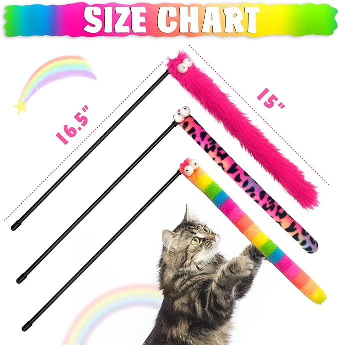 3 Pack Cat Wand Toy, Rainbow Cat Feather Toys with Bells, Teaser Wand with Soft Furry Tail, Interactive Toys for Indoor Cats & Kitten & Kitty-PawvioPets