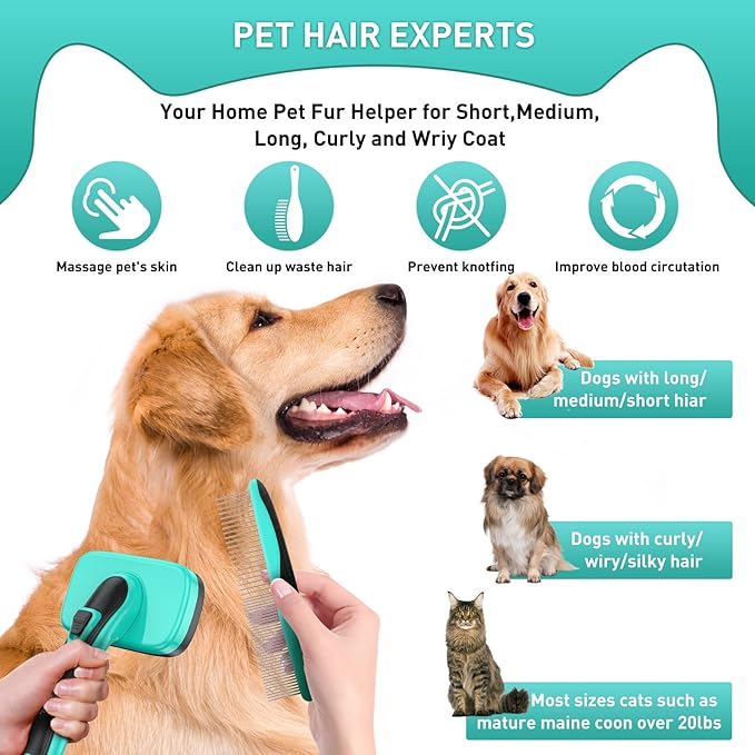 Dog Brush Kit for Grooming Short Long Haired Cats, 3 in 1 Dog Grooming Set for Small Animals, Puppy Self-Cleaning Slicker Brush for Shedding Medium & Large Dogs. Free Pet Comb + Nail Clippers-PawvioPets