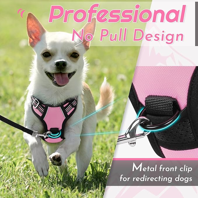 Eagloo Small Dog Harness No Pull, Service Vest with Reflective Strips and Control Handle, Adjustable and Comfortable for Easy Walking, No Choke Pet Harness with 2 Metal Rings, Pink, XS-PawvioPets