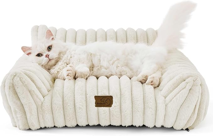 Bedsure Cute Couch for Pets - Fluffy Pet Sofa with Premium Soft Corduroy Fleece, Fuzzy Cat Beds for Indoor Cat with Removable Washable Cover, Supportive Pet Chair, 24inch, Cream-PawvioPets