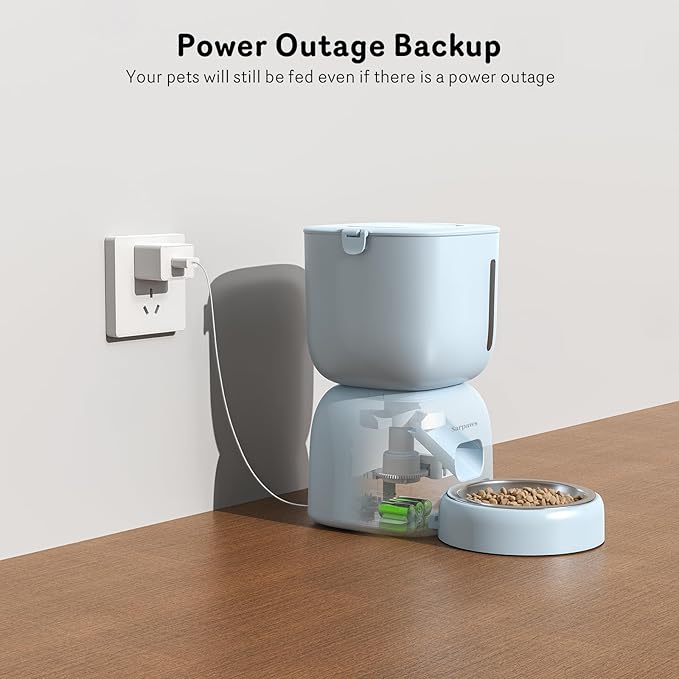 Automatic Cat Feeder and Water Dispenser FW1, Wire or Battery Cat Food Dispenser Timer Pet Feeder - Locking Lid, Desiccant Bag, Programmable Portion Control, 4 Daily Meals, 10s Voice Recorder-Blue-PawvioPets