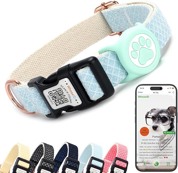 Dog Collar with Waterproof AirTag Holder & Anti-Lost QR Code, Cute Bling Warpping Adjustable Width for Small Medium Large Pet (Light Blue, M)-PawvioPets