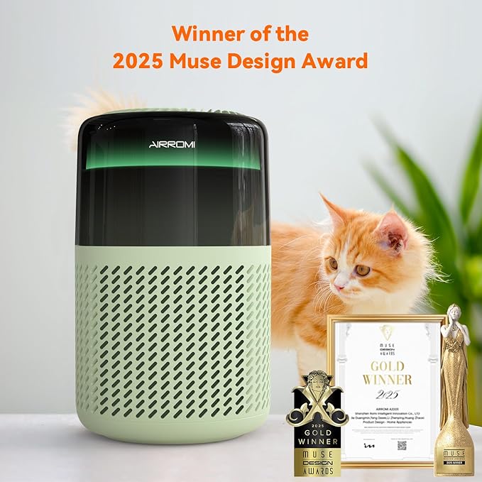 AIRROMI Air Purifier for Bedroom Home,HEPA Filter,Covers Upto 549 Ft²,Quiet 360°intake Air Cleaner with Fragrance ponge for Better Sleep,Night Light,Filters Smoke,Pet Dander,Allergies,Dust,A2005 Green-PawvioPets
