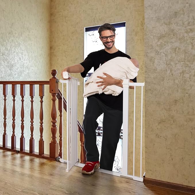 BABELIO 36" Extra Tall Dog Gate, 26-40" Wide Auto Close Baby Gate, Pressure Mounted Metal Pet, Easy Install No Drilling, No Tools Required, With Wall Protectors and Extension Kits, White-PawvioPets