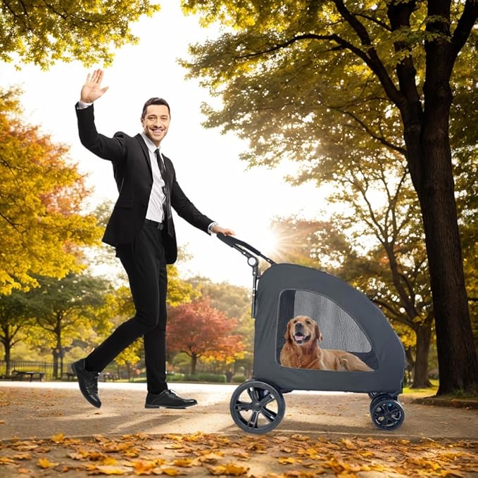 Extra Large Dog Stroller for Medium & Large Pets - Foldable Design, Adjustable Handle, Up to 130 lbs(Black)-PawvioPets