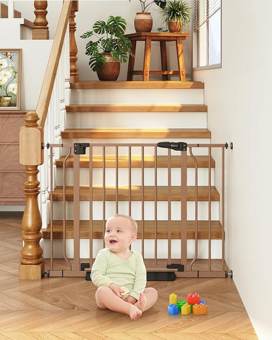 29"-40" Baby Gate for Stairs, Auto Close Stroller Friendly Dog Gate Indoor for Doorways, Pressure Mounted Baby Gate, Easy Walk Through Gate for Children & Pets, Brown-PawvioPets