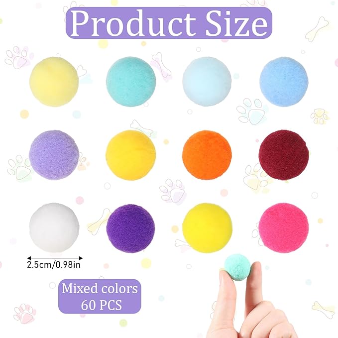 60 Pcs Cat Toy Balls 1-inch Colorful Cat Pom Pom Balls Soft Interactive Cat Balls Cat Play Toy Cat Exercise Toys Cats Interactive Playing Quiet Ball Fuzzy Kitten Ball for Cat Pet-PawvioPets