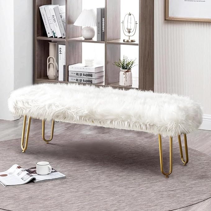 42.5Inch White Bedroom Bench, Benches for Bedroom White Faux Fur Upholstered Bed end Bench, Tufting Bench Indoor Bench with Metal Legs for Living Room Bedroom Dining Room Entryway-PawvioPets
