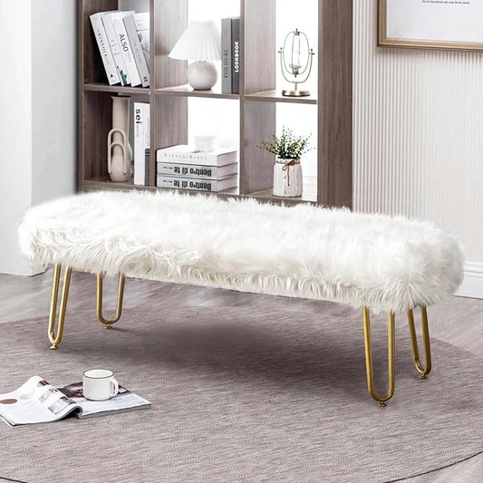 42.5Inch White Bedroom Bench, Benches for Bedroom White Faux Fur Upholstered Bed end Bench, Tufting Bench Indoor Bench with Metal Legs for Living Room Bedroom Dining Room Entryway-PawvioPets