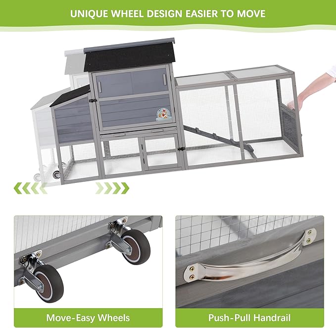 COZIWOW 82" Large Wooden Chicken Coop, Outdoor Rabbit Hutch, Guinea Pig Pet House with Wheels, Sunshine Board, Asphalt Roof, Ramp, Openable Top, Door, Window, Pull-Out Tray, Indoor Bunny Cage (Gray)-PawvioPets