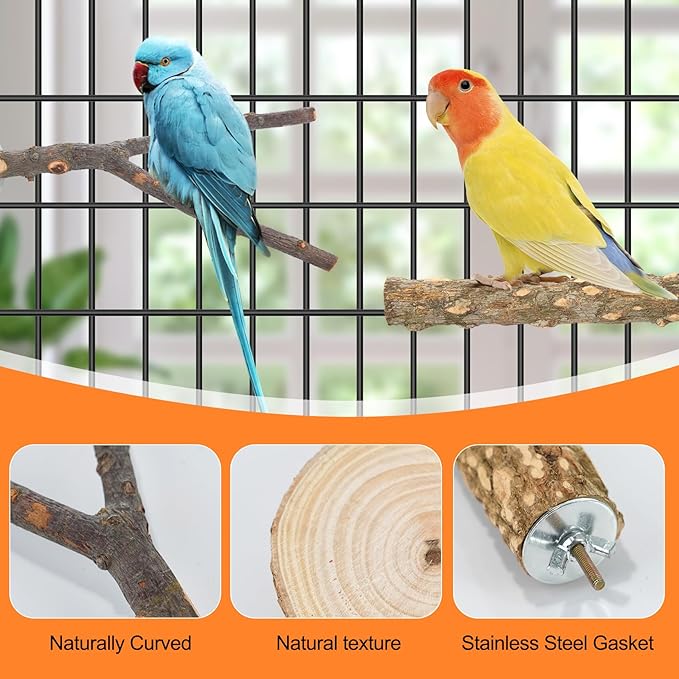 Bird Perch Stand, Pole Standing Natural Wood Bird Perch Set 7PCS Paw Grinding Fork Parrot Cage Branch with Rope Cage Accessories Toys for Parakeets, Cockatiels, Conure, Budgies-PawvioPets