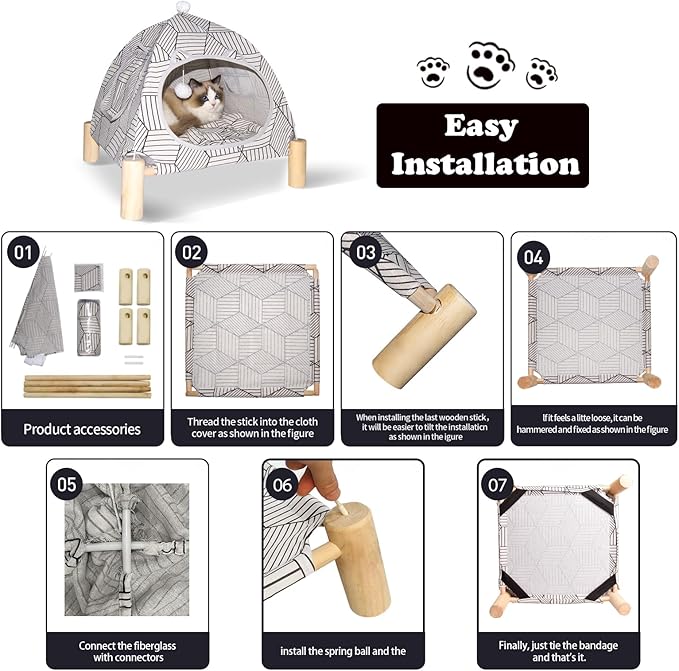 2-in-1 Elevated Cat Tent Cat House, Quick Assembly and Disassembly, Portable Indoor/Outdoor Cute Cat Bed Cave-White Diamond Pattern-PawvioPets