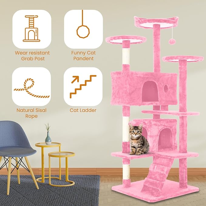 54.7 inches Cat Tower for Indoor Cats, Multi-Level Cat Condos with Scratching Posts, Hanging Toys, Pink-PawvioPets