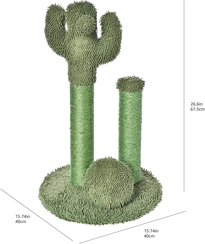 Amazon Basics Cat Scratcher - Indoor Cactus Triple Posts Cat & Kittens Scratching Post with Dangling Ball, Large (27"H) - Green-PawvioPets