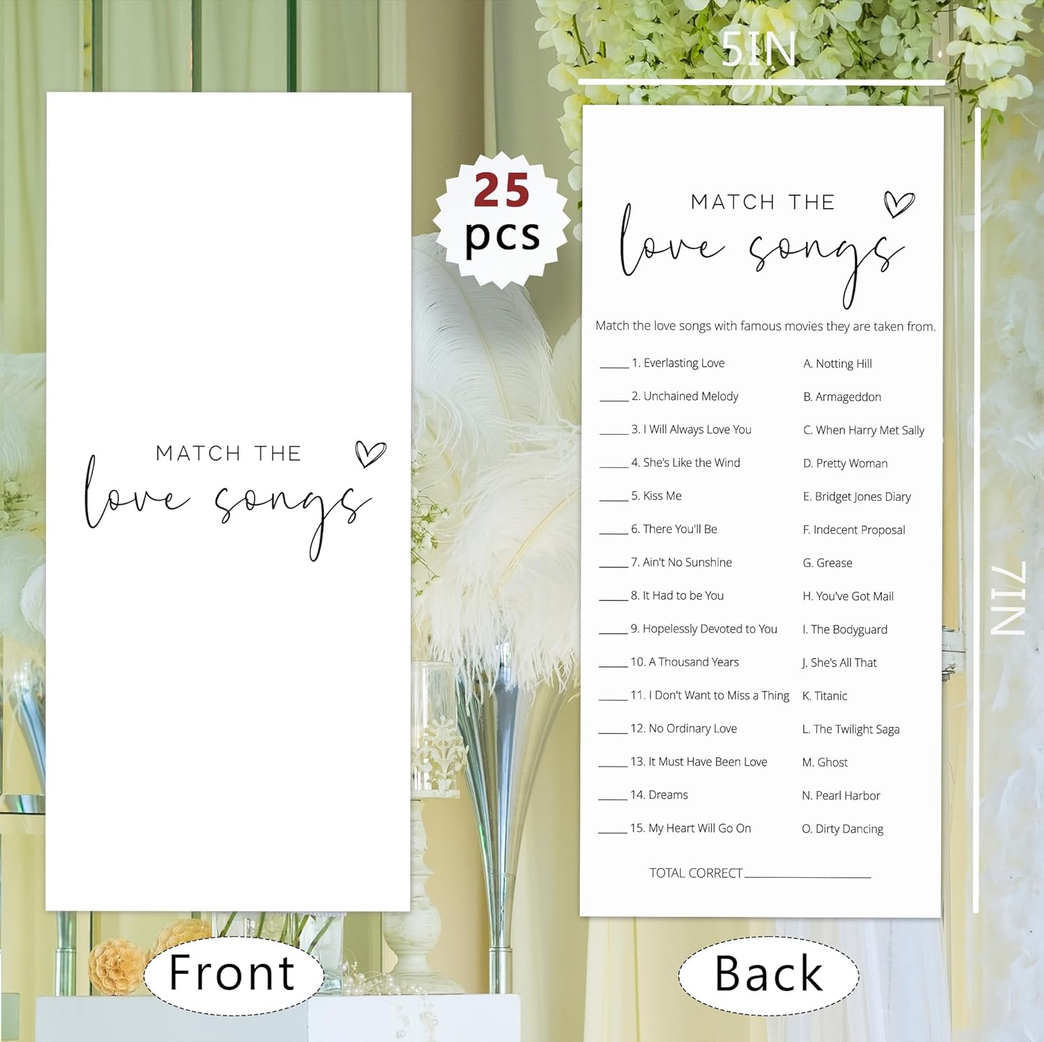 Bridal Shower Games, Match the Love Songs, 25Pcs 4x9in Minimalist White Double-Sided Bridal Game Cards with 1 Answer Key, Wedding Shower Games for Guests, Engagement Bachelorette Party Supplies - A02