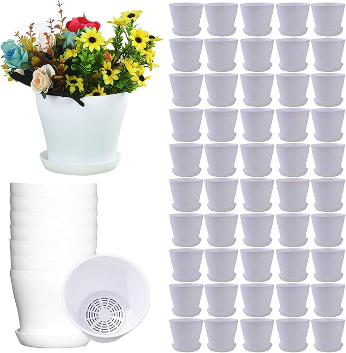 50 Pack 4 Inch Plant Pots Bulk Small Plastic Planters Pots with Drainage Holes Flower Pot for Succulent, Cactus, Herb, African Violet (50pcs-White, 4Inches)-PawvioPets