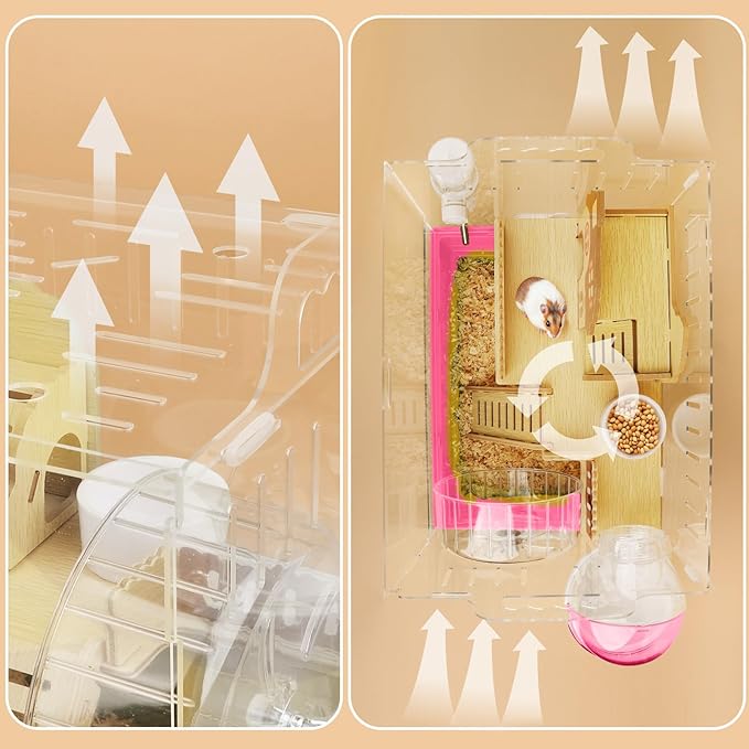 8 in 1 Clear Acrylic Hamster Cage with All Accessories,13.5''L* 10''W* 13''H Dwarf Hamster Cage,Small Hamster Habitat,Garden Style Mouse Cage for Pet Mice,Hamster Enclosure(1-Layer,Pink)-PawvioPets