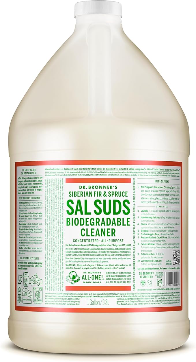 Dr. Bronner's - Sal Suds Biodegradable Cleaner (1 Gallon) - All-Purpose, Pine Cleaner for Floors, Laundry and Dishes, Concentrated, Cuts Grease and Dirt, Powerful Formula-PawvioPets